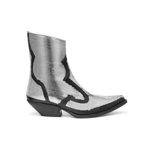 Emporio Armani Calfskin Leather Sequin Cowboy Booties Silver ( 35 )